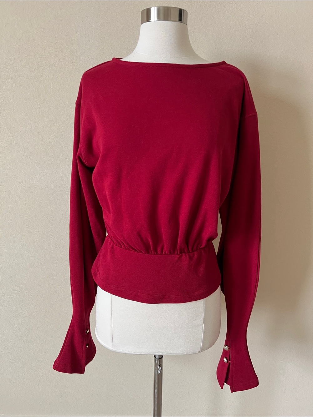 Commense Crimson Boatneck Long-Sleeve Top with Button Cuffs